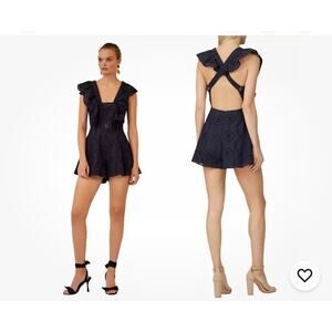 Keepsake Romper Women’s Sz 4 Navy Eyelet Flutter Sleeve Open Back Coastal Shorts